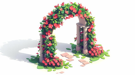 Stunning floral archway tiles concept in simple flat design   a symbol of welcome and beauty at festival venues, isometric scene illustration