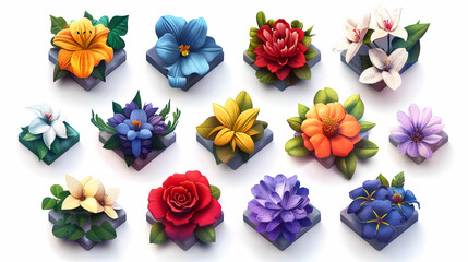Floral Harmony Tiles: Unity and Diversity Festival   Flat Design Icon with Various Flowers in Isometric Scene