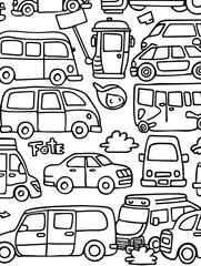 A black and white drawing of a busy street with many different types of vehicles, including cars. 