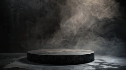 A black, round, concrete podium with smoke in the background