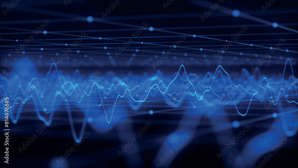 Poster wave of particles. futuristic pattern of dots and lines on a dark background. visualization of sound
