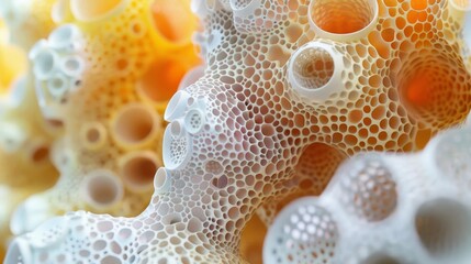 A close up of a coral with many holes and a white and yellow color