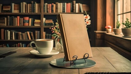 A book resting on a table next to a cup of coffee