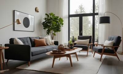 Sleek Scandinavian Living Cozy Room, Light-Dark Tones, Iconic Furniture, Natural Light