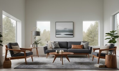 Fototapeta premium Scandinavian Elegance: Cozy Living Room with Light and Dark Contrasts, Crisp Whites, Warm Wood Tones, Charcoal Gray Accents, Iconic Scandinavian Furniture, Modular Sofa, Mid-Century Modern Coffee Tabl