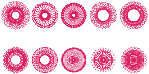 Fototapeta premium Set of Ten Pink Guilloche Rosette Patterns on White Background