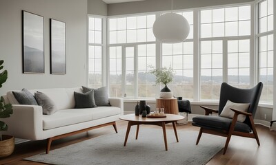 Modern Scandinavian Style Cozy Living Room, Light-Dark Contrasts, Iconic Furniture