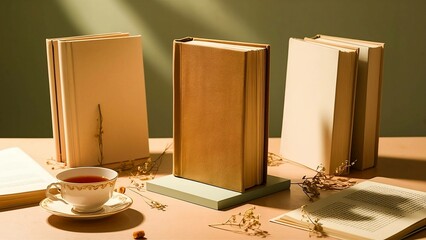 A cup of tea and three books placed on a table, creating a cozy and inviting atmosphere