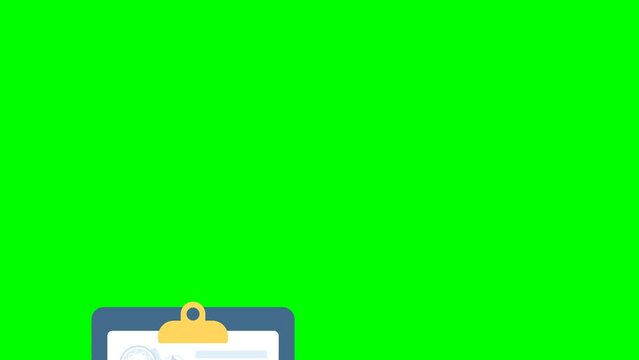 Agreement document with signature and approval stamp. Document icon. Contract paper. Document. Folder with stamp and text. 2D flat animation isolated on a green background. Chroma key. Alpha channel.	