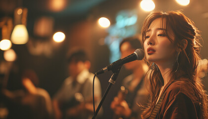 Young Korean female singer passionately performs live, her face illuminated by stage lights, captivating the audience at a music venue.