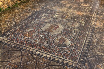 detail view of the intricate floor mosaics in the Roman city ruins of Volubilis in northern Morocco near Meknes