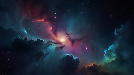 Abstract vibrant hues of purple, pink and blue nebula with glowing stars, cosmic dust clouds against dark space. Deep space science fiction background. Generative AI.