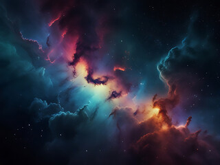 Abstract vibrant hues of purple, pink and blue nebula with glowing stars, cosmic dust clouds against dark space. Deep space science fiction background. Generative AI.