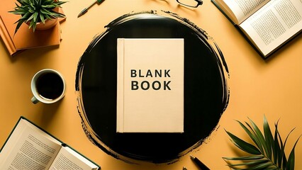A blank book on a table with coffee, glasses, and plants