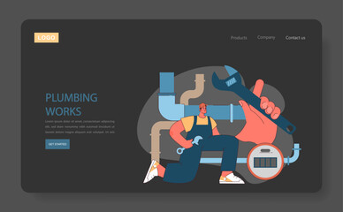 Plumbing Works concept. A skilled plumber with tools at the ready for pipe