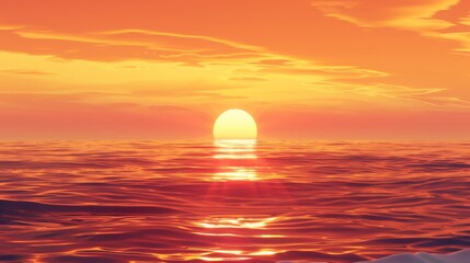 A beautiful sunset over the ocean with a large sun in the sky