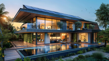Obraz premium This luxurious solar-powered home, surrounded by lush greenery, boasts a serene smart home architecture with a beautiful pool and a focus on sustainability.