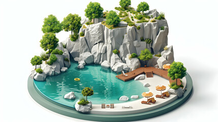 Tranquil Lakeside Hot Springs Leisure: Calm Waters Meet Warm Mineral Springs for Relaxation   Isometric Flat Design Icon Concept