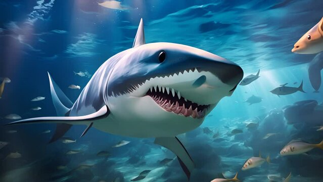 A great white shark swims through a colorful coral reef, The water is clear and blue.