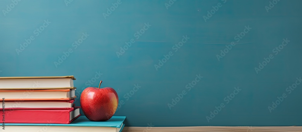 Poster A colorful stack of books adorned with two red apples representing educational themes reading and the idea of going back to school The image provides ample copy space for text overlay