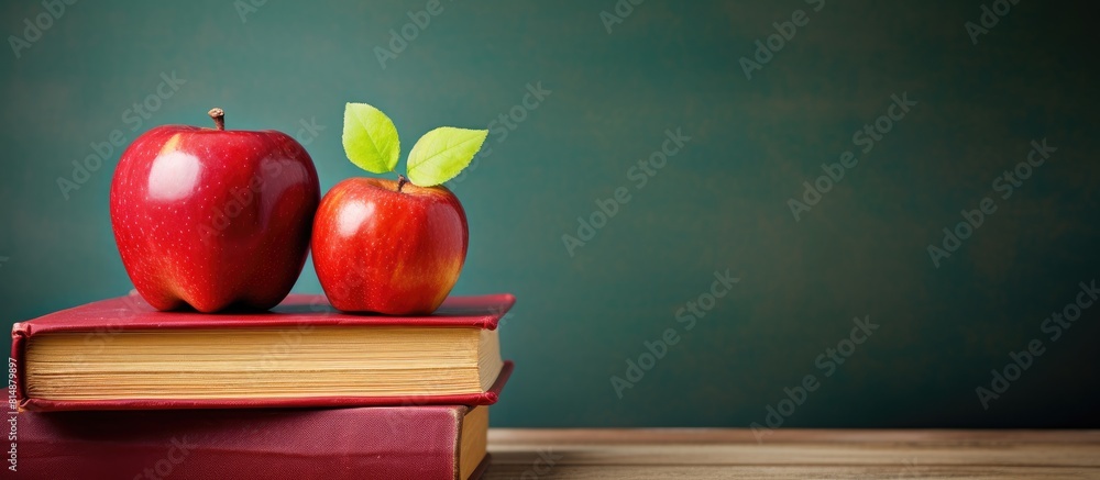 Poster A colorful stack of books adorned with two red apples representing educational themes reading and the idea of going back to school The image provides ample copy space for text overlay