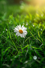 A delicate white daisy blossom set against lush green grass, radiating simplicity, purity, and natural beauty. Evokes feelings of tranquility, serenity, and the beauty of nature.