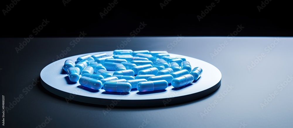 Poster a circle of blue pills arranged on a white surface leaving empty space for adding images. copyspace 