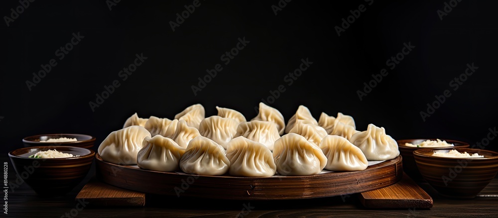Poster a delicious arrangement of dumplings on a black table perfect for adding text with the ample copy sp