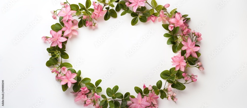 Poster a floral arrangement with pink flowers and green leaves forms a frame on a white backdrop leaving em