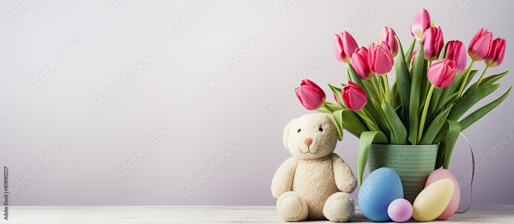 Aufkleber a beautiful assortment of tulips a toy bunny and colorful easter eggs arranged on a light background