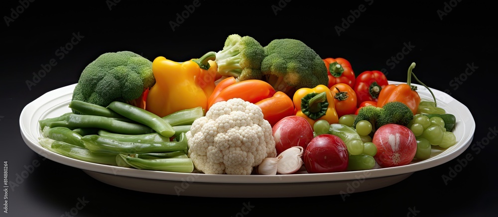 Poster a white plastic dish with assorted vegetables arranged neatly on it providing ample space for copy o