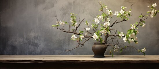 An apple tree in bloom with branches reaching out against a wooden backdrop offering ample space for any desired image or text