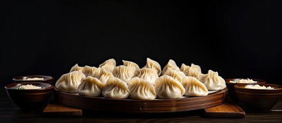 A delicious arrangement of dumplings on a black table Perfect for adding text with the ample copy space image