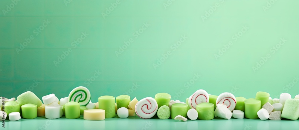 Poster a green background with a delightful mix of sweet marshmallows and lollipops creates an appealing co