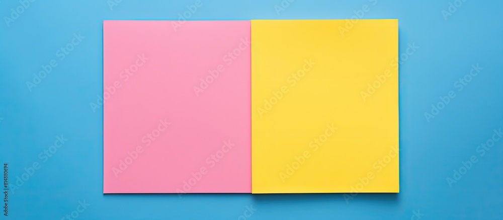 Poster on a blue background there are two yellow and pink square paper stickers creating a frame there is b