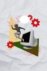 3D photo collage composite artwork sketch image of silhouette headless man jump old computer...