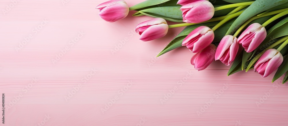 Poster a beautiful bouquet of pink tulips placed on a vibrant table background captured from a top view wit