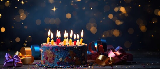 A beautiful holiday image with lit candles and festive decorations is a copy space for happy birthday greetings to a 10 year old child - Powered by Adobe