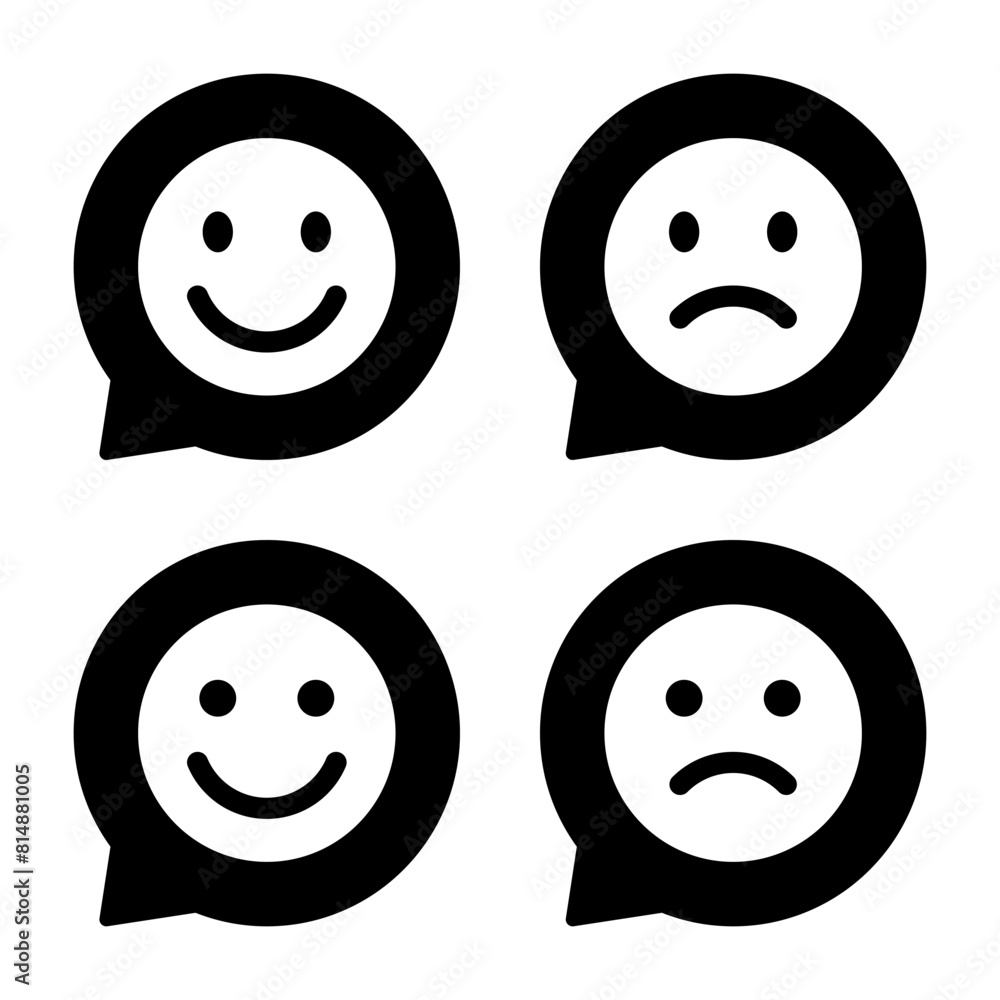 Wall mural Smile and sad emoji icon on speech bubbles. Happy and unhappy emoticon concept