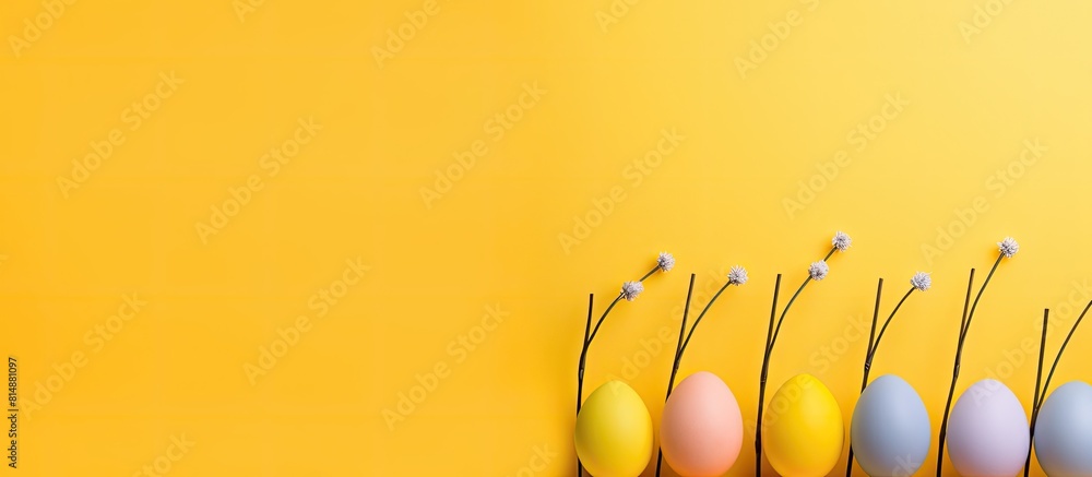 Poster colorful easter eggs are beautifully displayed on sticks against a vibrant yellow background creatin