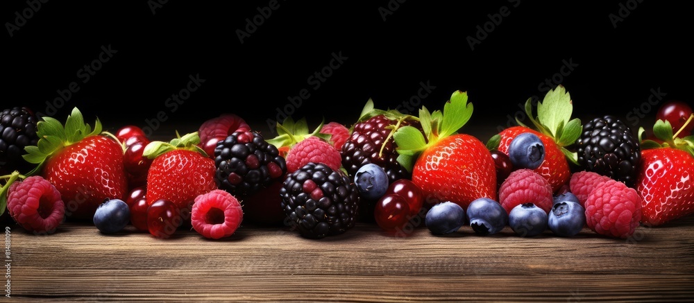 Poster berries that are ripe and sweet are displayed on a wooden background providing ample copy space for 