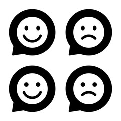 Smile and sad emoji icon on speech bubbles. Happy and unhappy emoticon concept