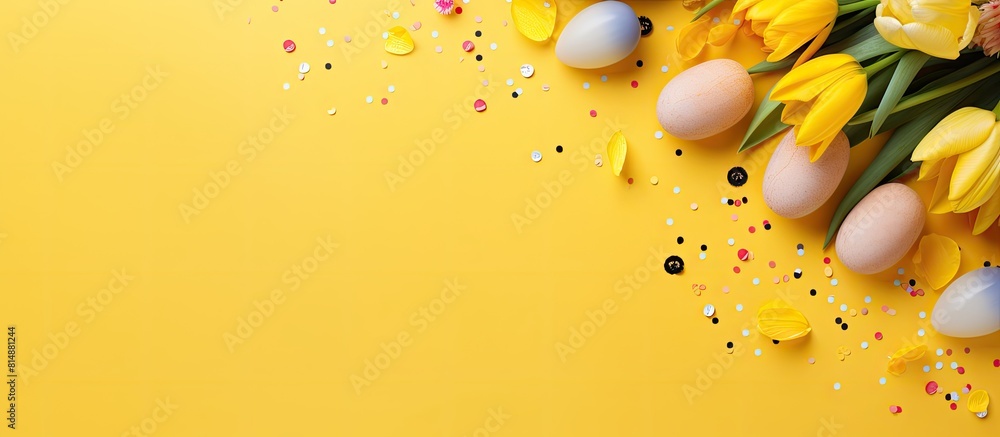 Aufkleber bright yellow background with a festive layout featuring tulips confetti and easter eggs top view pe