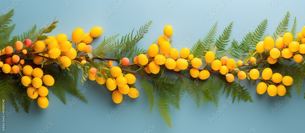 Poster image of mimosa branches with colorful easter eggs creating a vibrant and festive display. copyspace