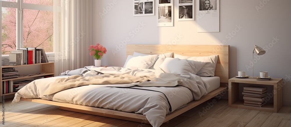 Poster a bright and inviting bedroom with a neatly made bed and a coffee table adorned with magazines offer