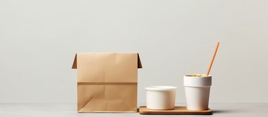 Copy space image of a brand s food takeaway set mockup featuring a blank kraft paper pack for asian cuisine a box for noodles a drink cup a bowl and chopsticks placed on a white wooden table - Powered by Adobe