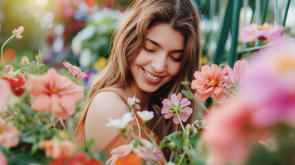 Naklejka premium 花に囲まれる女性 lady surrounded by lots of flowers