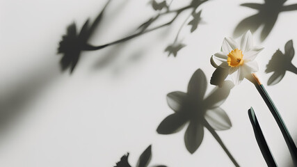sfondo bianco minimale con ombre di fiori di narciso bianco e giallo create da luce naturale con spazio vuoto per inserimento di testo. estetica raffinata semplice naturale spontanea