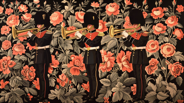 Intricate Floral Tapestry Illustration with Roses, Trumpets, and Bearskin Hats