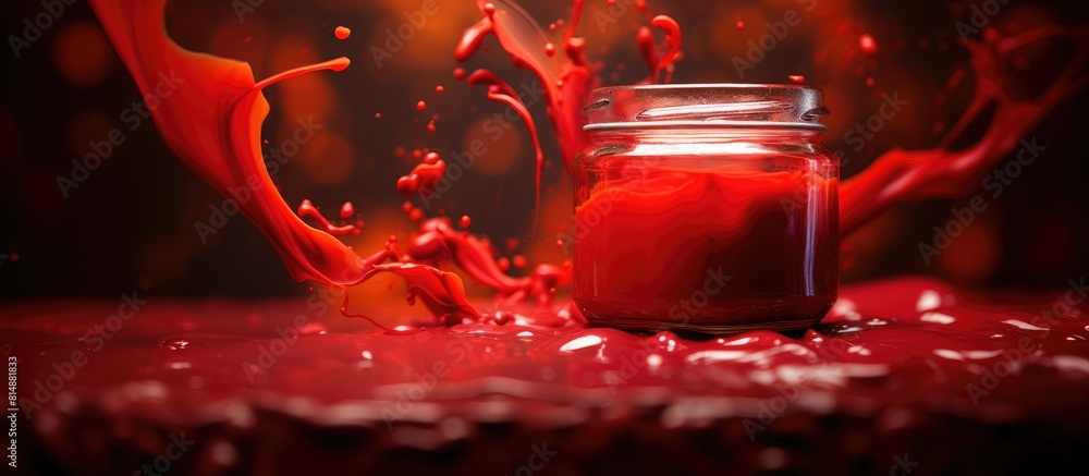Poster close up of a jar with red paint spilled creating a colorful paint background the jar contains pigme